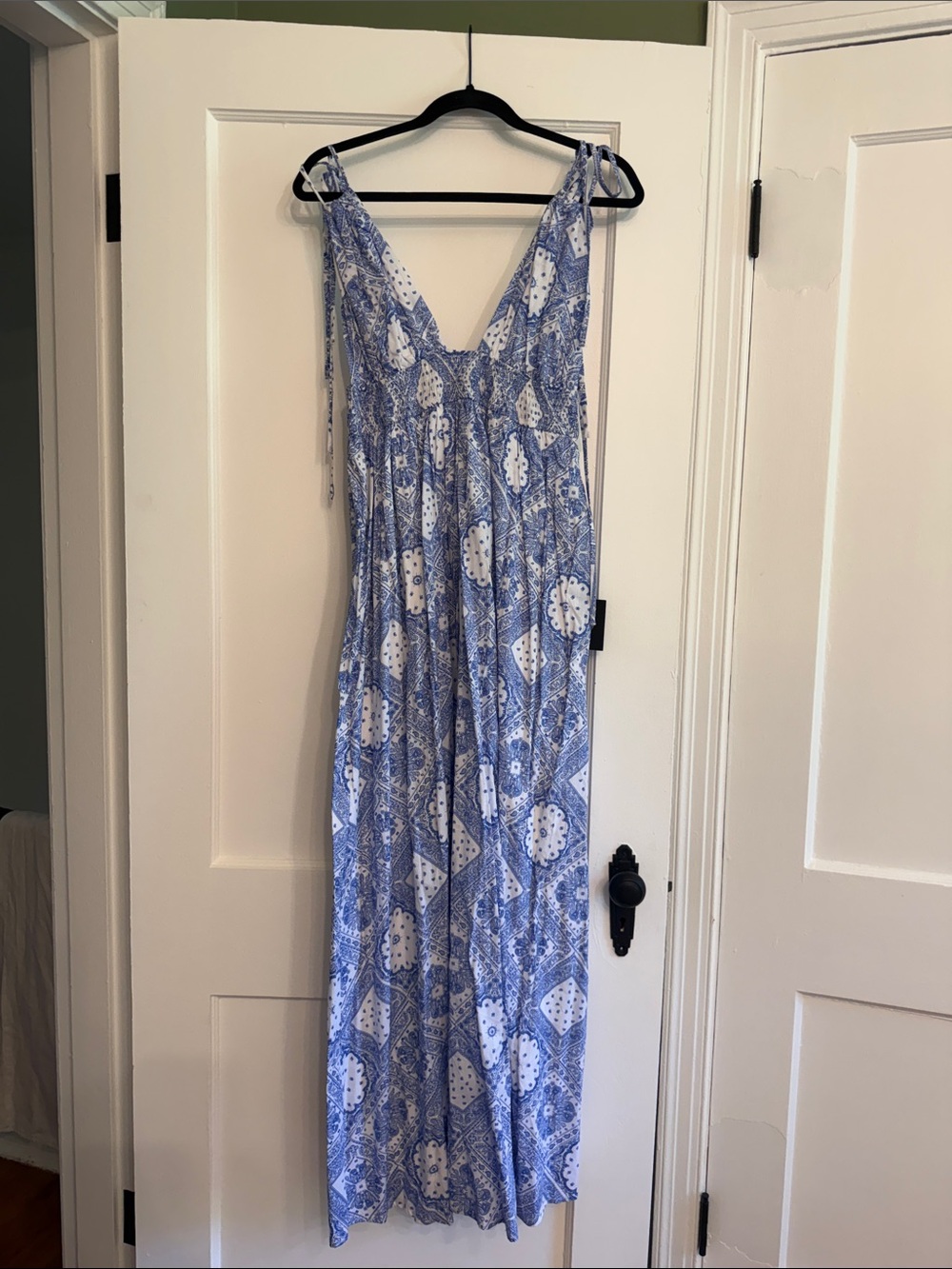 Spanish Sojourn White and Blue Paisley Tie-Strap Maxi Dress
